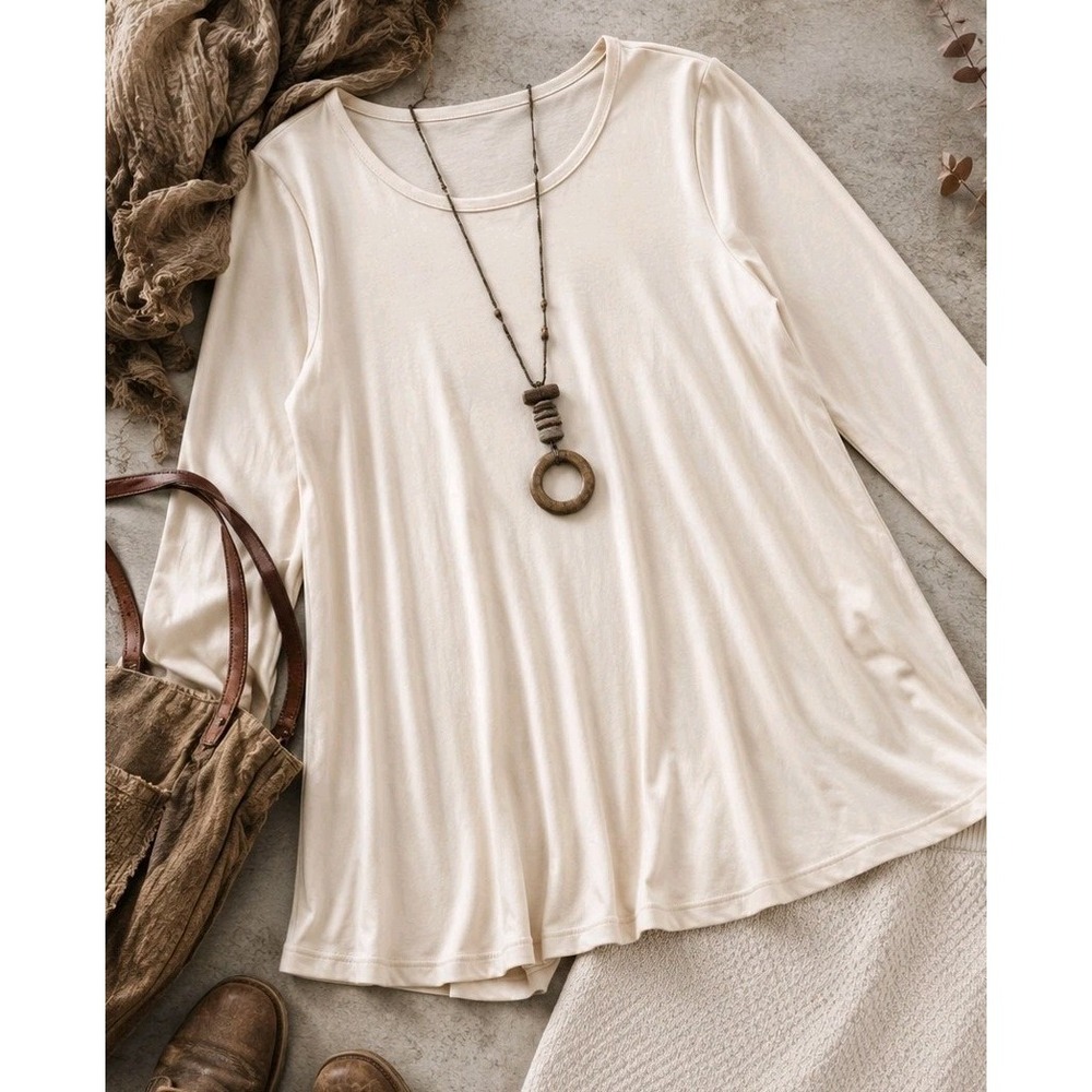 Susan Graver Women's L Tunic Top Cream Lightweight Swing Knit Long Sleeve Minima